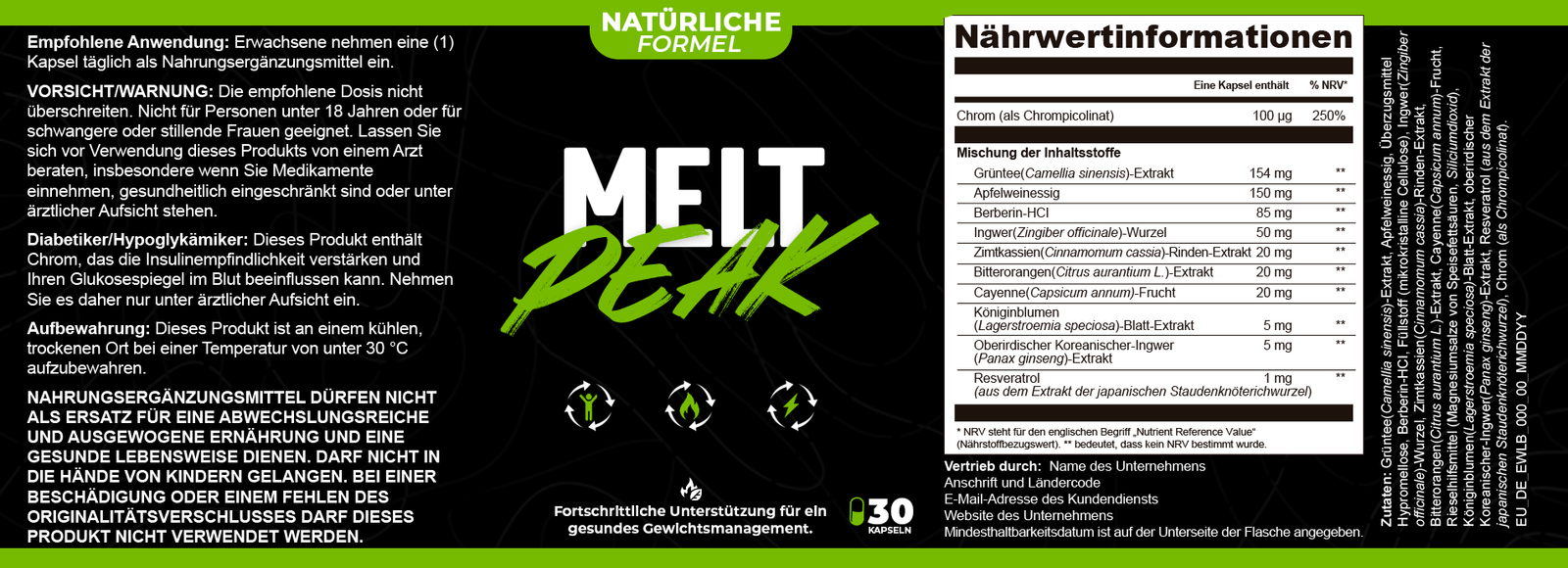 MeltPeak Produktetikett mit Inhaltsangaben