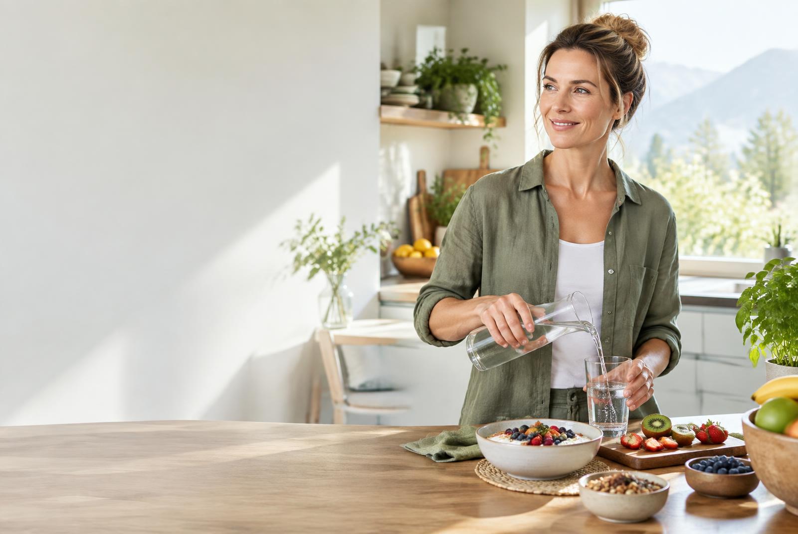 Frau mit Wasser und ausgewogenem Frühstück